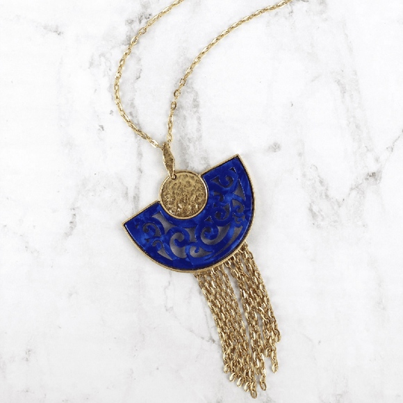 2 /$10- BLUE RESIN GOLDTONE HALF MOON NECKLACE - Picture 1 of 1